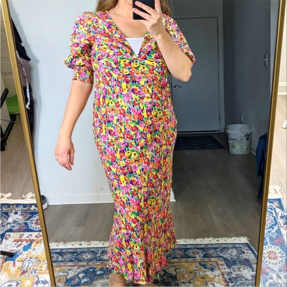 RIXO x target bright colorful vneck puff sleeve maxi dress sz 4 party grandma